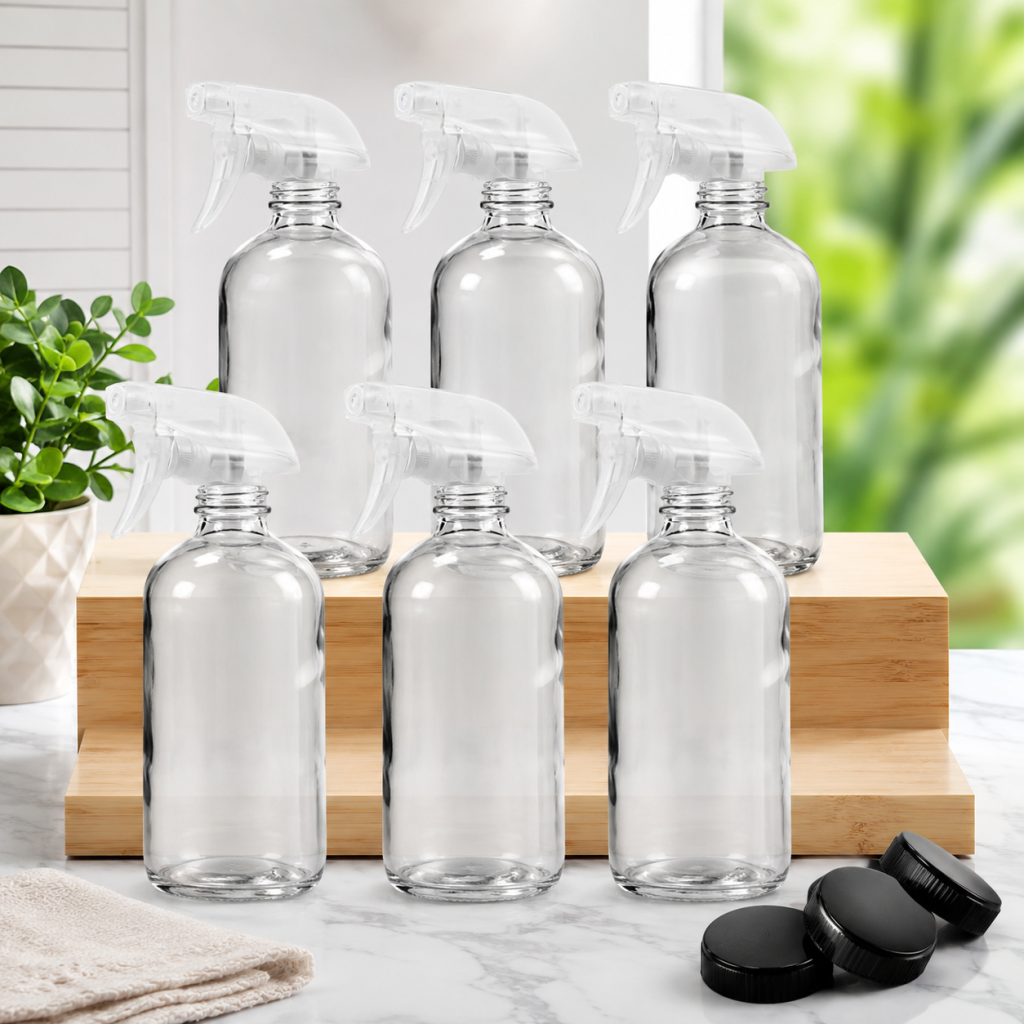 6 x 500ml Clear Glass Spray Bottles with Trigger Sprayers | Refillable Cleaning, Plant & Household Spray Set