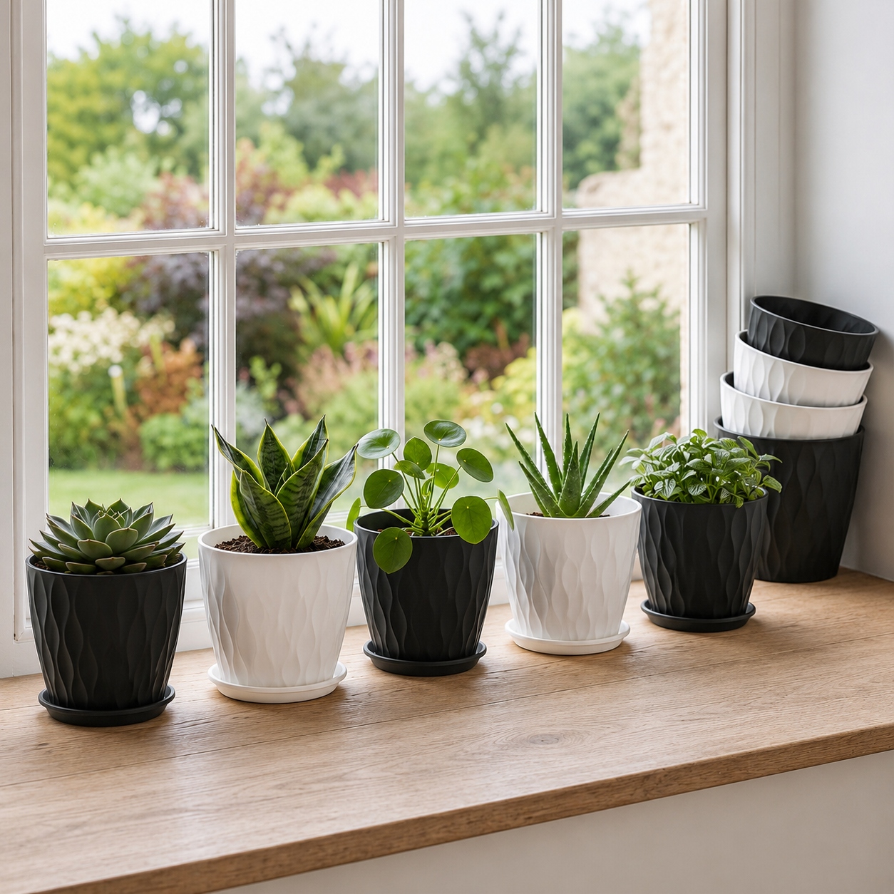 Toque Plant Pots Set of 5 Plastic Planters with Drainage Saucers Indoor Outdoor 20cm