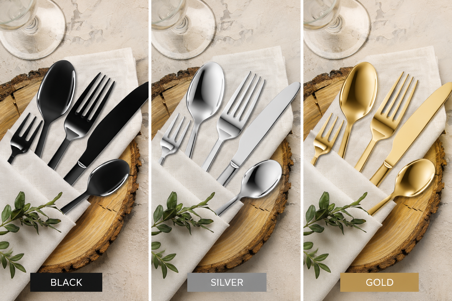 TOQUE 30 Piece Stainless Steel Cutlery Set Travel Camping Tableware Black Silver Gold