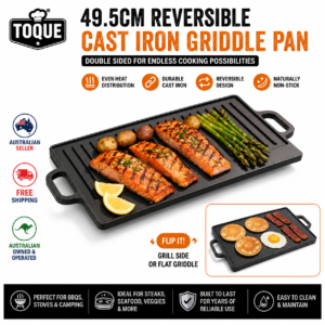 TOQUE 49.5cm Reversible Cast Iron Griddle Pan | Pre-Seasoned BBQ Grill Plate for Gas, Induction & Oven