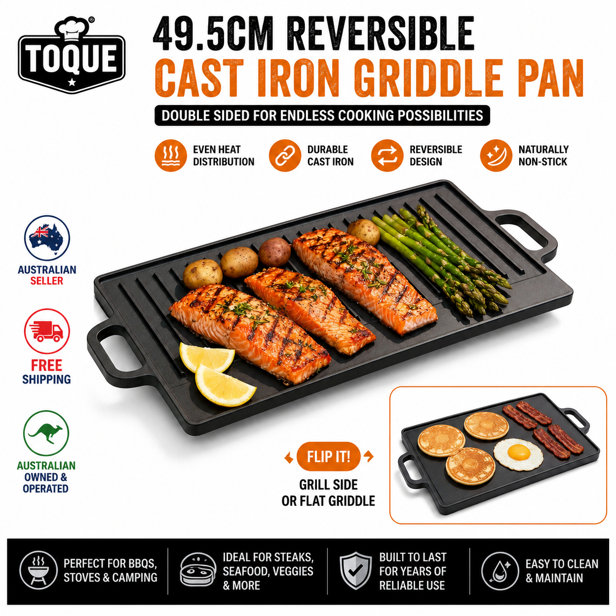 TOQUE 49.5cm Reversible Cast Iron Griddle Pan | Pre-Seasoned BBQ Grill Plate for Gas, Induction & Oven