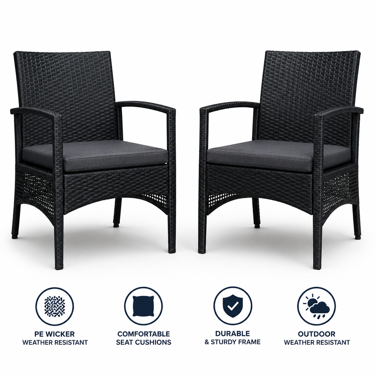 GARDEON Lyra Outdoor Dining Chairs 2 Piece PE Wicker Patio Garden Chair Set Black