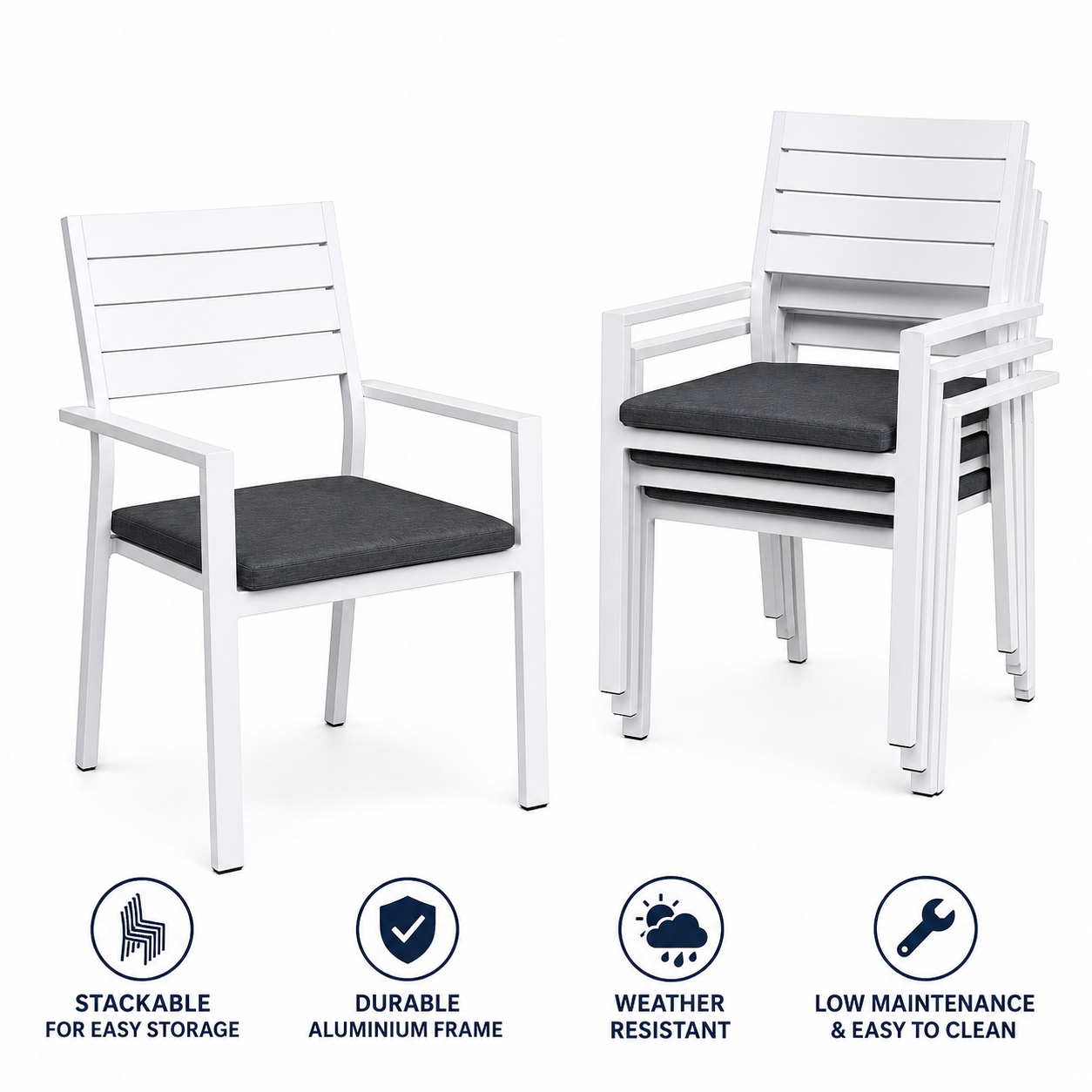 GARDEON 4 Piece Outdoor Dining Chair Set Stackable Aluminium Patio Garden Chairs White