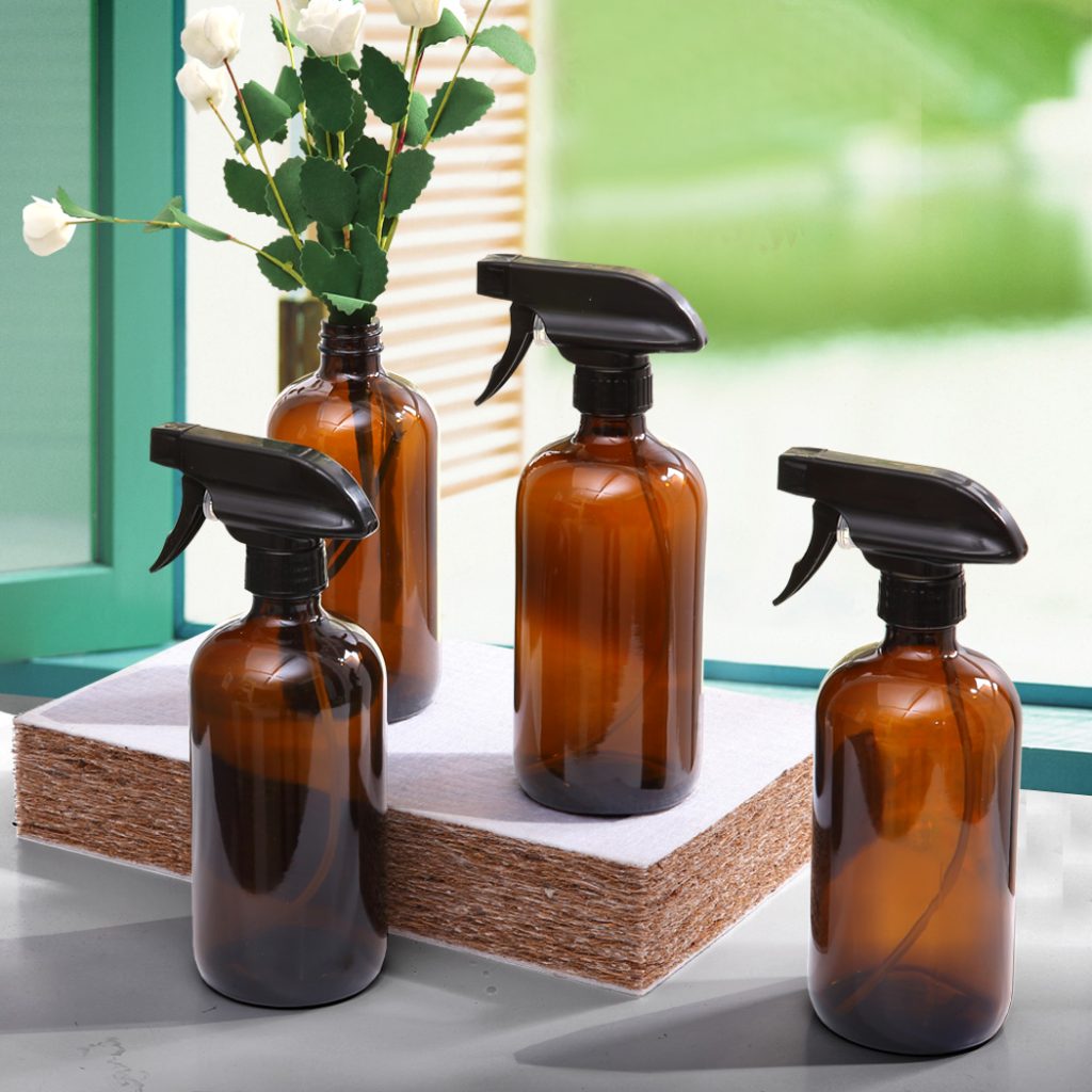 4 x 500ml Amber Glass Spray Bottles with Trigger Sprayers | Refillable Cleaning, Plant & Household Spray Set