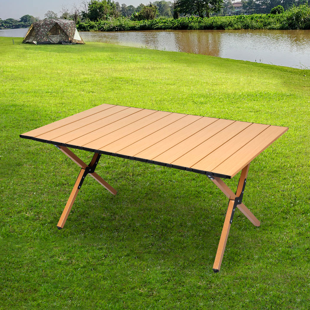 Levede Folding Camping Table Portable Roll Up Outdoor Picnic BBQ Table Oak - Image 2