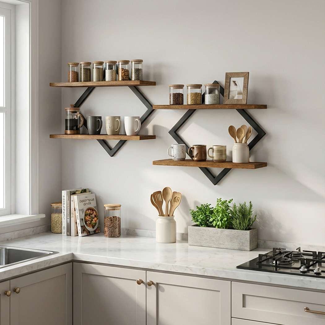 Levede Floating Wall Shelves 2 Pack 2 Tier Industrial Bookshelf Storage Display Shelf