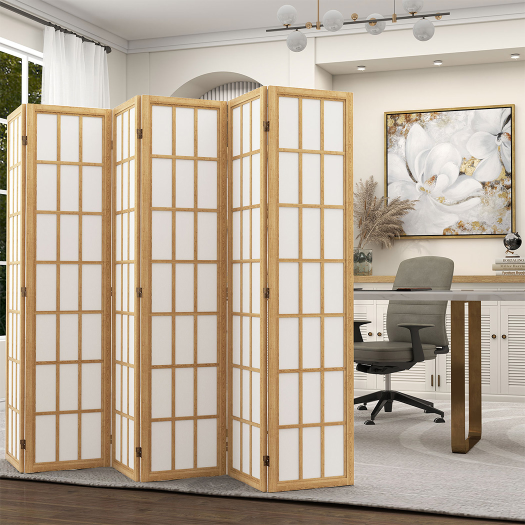 Levede 6 Panel Room Divider Screen 170cm Folding Privacy Partition Wooden Divider Black White Natural - Image 2
