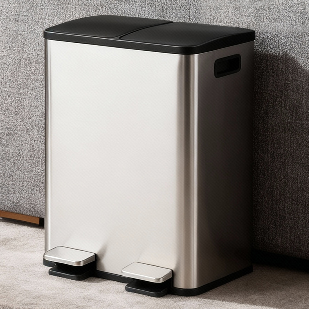Toque 60L Dual Pedal Bin Stainless Steel Kitchen Rubbish Bin Soft Close 2 x 30L - Image 2