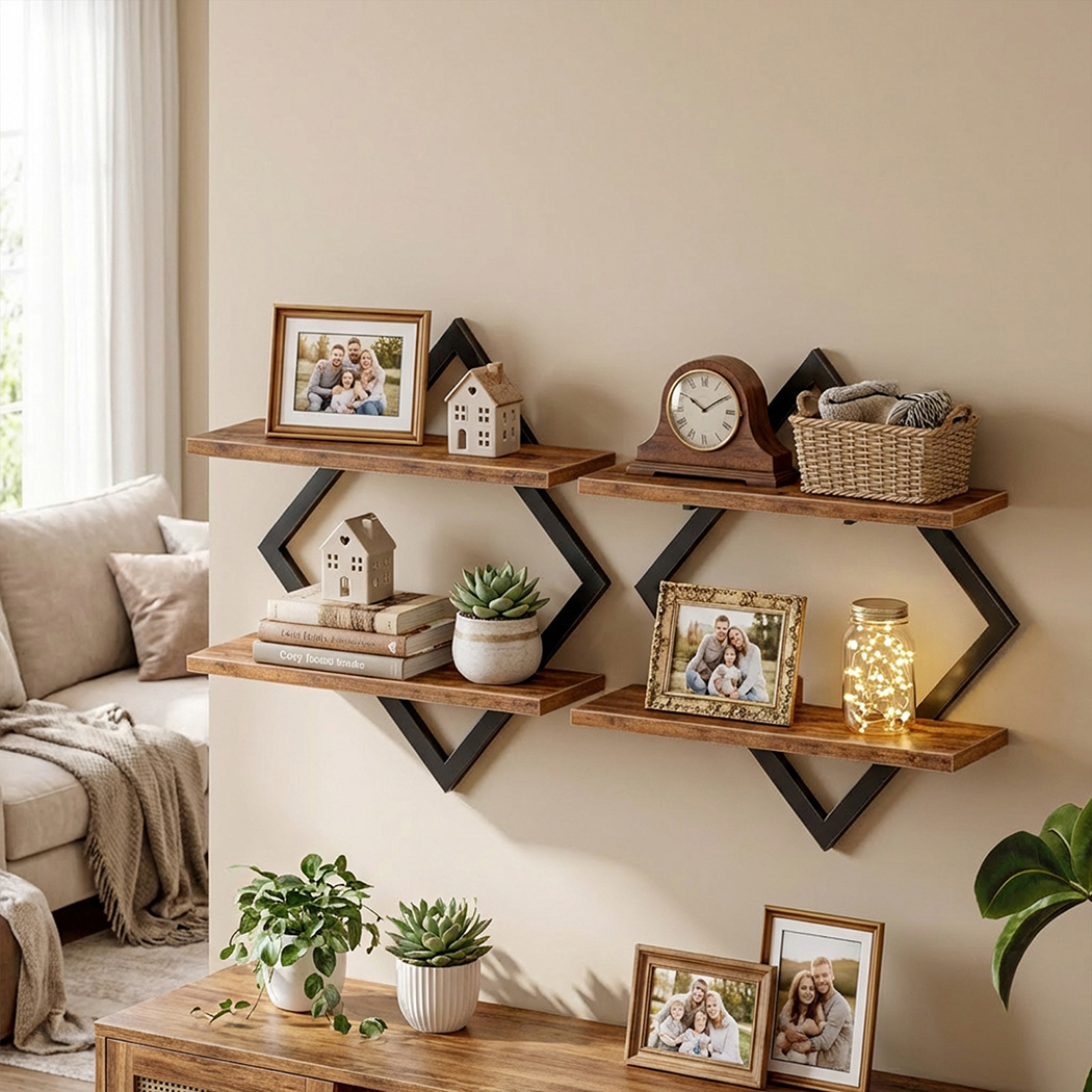 Levede Floating Wall Shelves 2 Pack 2 Tier Industrial Bookshelf Storage Display Shelf - Image 8