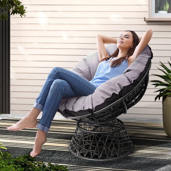 GARDEON Papasan Chair Outdoor Wicker Lounge Chair with Cushion 360° Rotating Black - Image 4