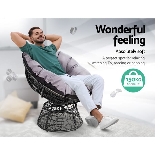 GARDEON Papasan Chair Outdoor Wicker Lounge Chair with Cushion 360° Rotating Black