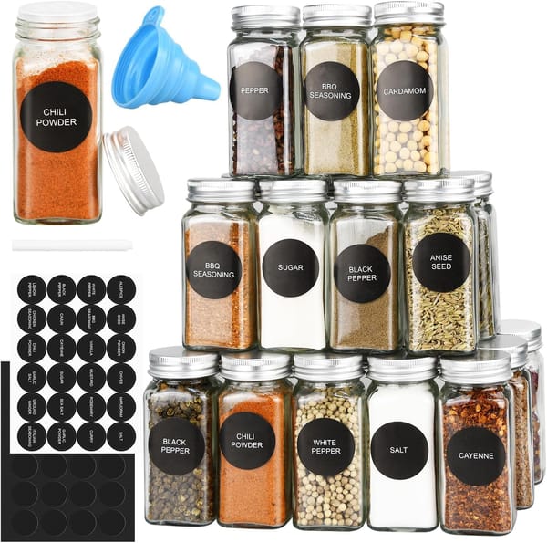 CARLA HOME 24 Glass Spice Jars Set with Labels, Shaker Lids, Funnel & Pen | Kitchen Spice