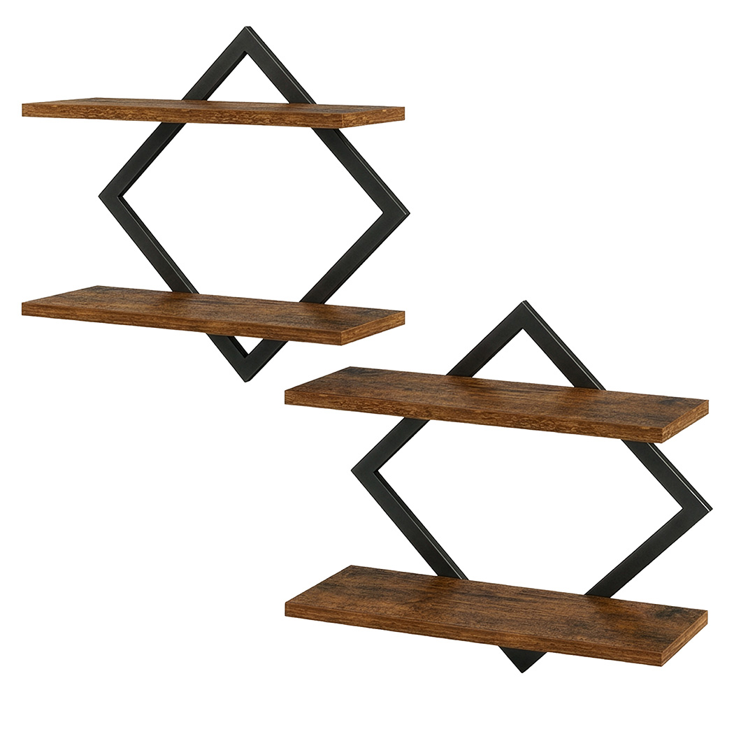 Levede Floating Wall Shelves 2 Pack 2 Tier Industrial Bookshelf Storage Display Shelf - Image 2