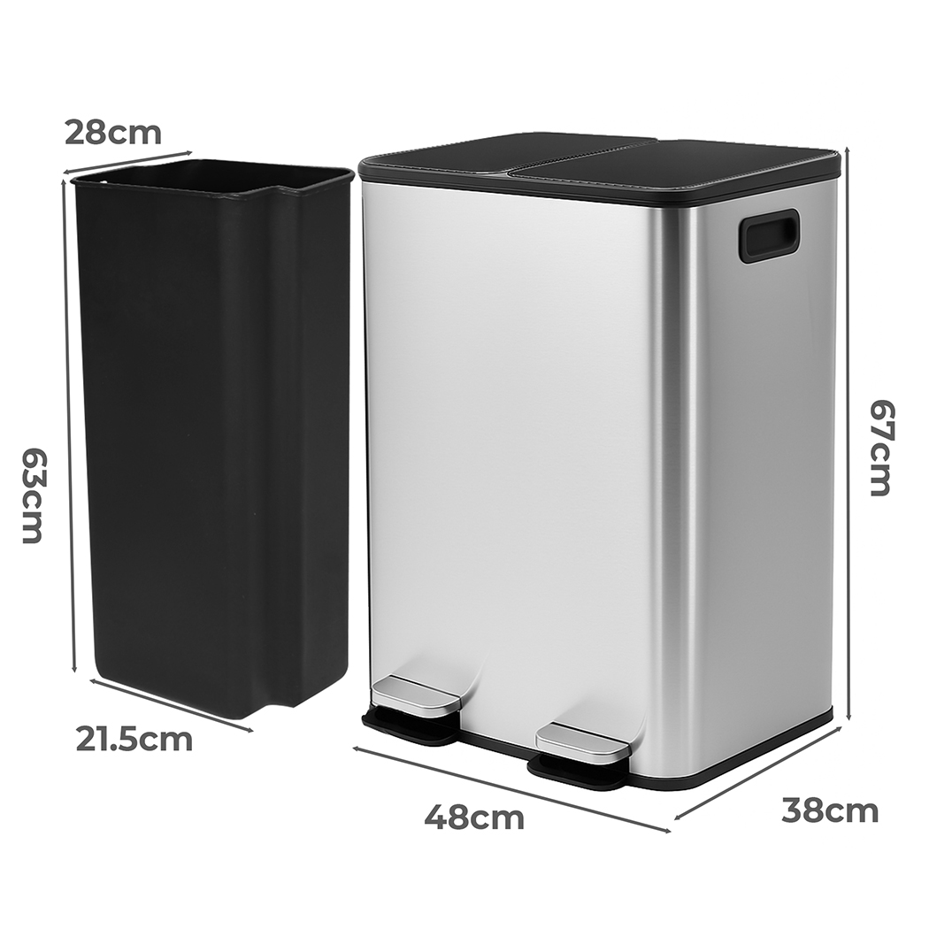 Toque 60L Dual Pedal Bin Stainless Steel Kitchen Rubbish Bin Soft Close 2 x 30L - Image 6