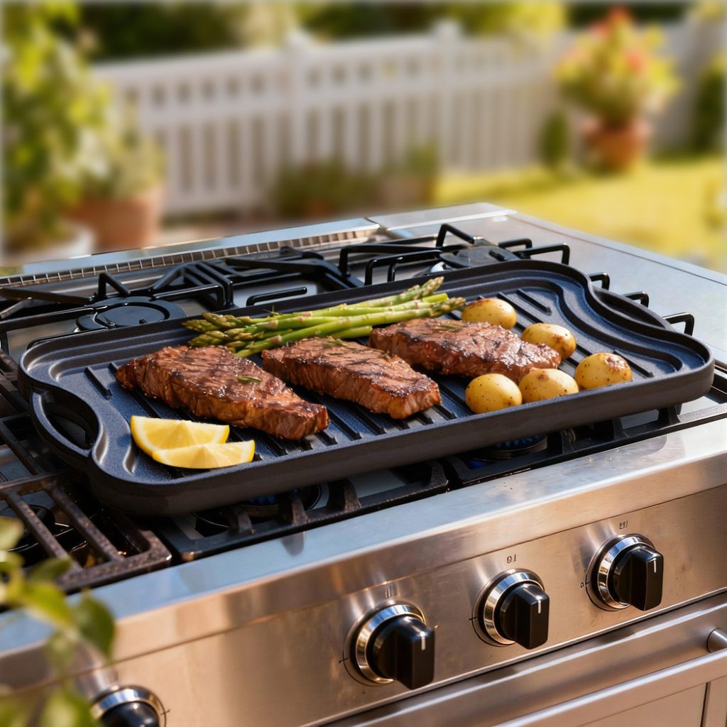 TOQUE 50.5cm Reversible Cast Iron Griddle Pan | Pre-Seasoned Grill & Flat Plate for Gas, Induction & BBQ