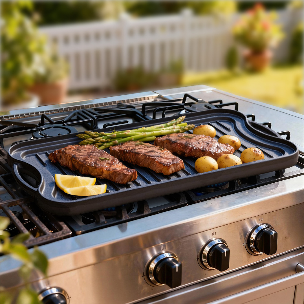TOQUE 50.5cm Reversible Cast Iron Griddle Pan | Pre-Seasoned Grill & Flat Plate for Gas, Induction & BBQ