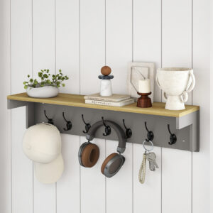 LEVEDE Wall Mounted Coat Rack Shelf with 7 Double Hooks | Entryway Hallway Storage Organiser Grey & Oak