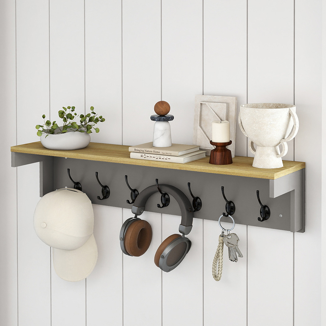 LEVEDE Wall Mounted Coat Rack Shelf with 7 Double Hooks | Entryway Hallway Storage Organiser Grey & Oak
