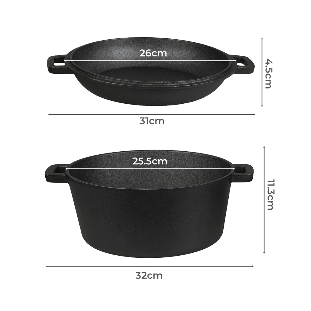 TOQUE 5.84L Double Dutch Oven Cast Iron Pot 2-in-1 | Pre-Seasoned Casserole & Skillet for Gas, Induction & Camping - Image 3