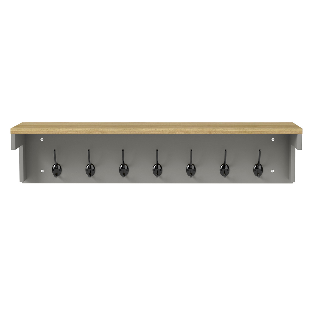 LEVEDE Wall Mounted Coat Rack Shelf with 7 Double Hooks | Entryway Hallway Storage Organiser Grey & Oak - Image 2