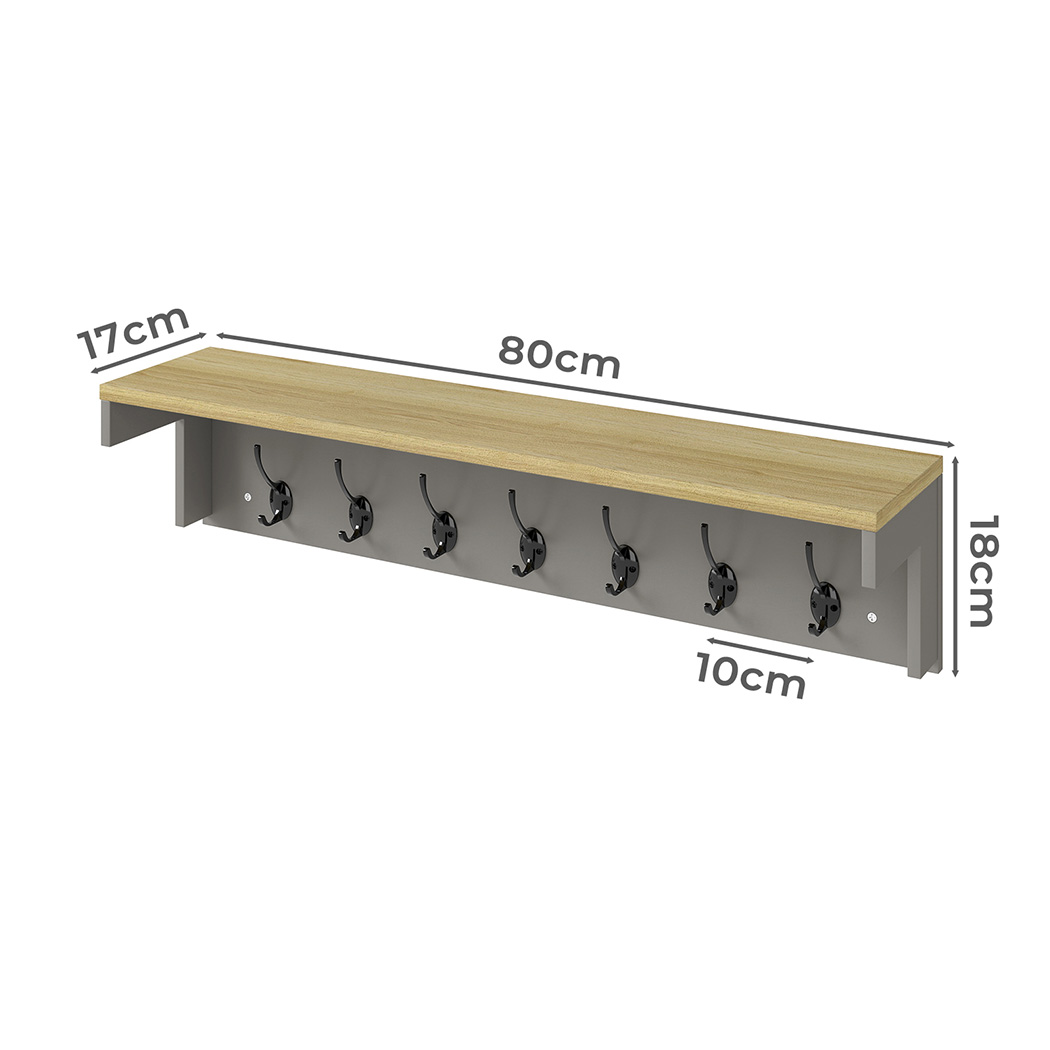 LEVEDE Wall Mounted Coat Rack Shelf with 7 Double Hooks | Entryway Hallway Storage Organiser Grey & Oak - Image 3