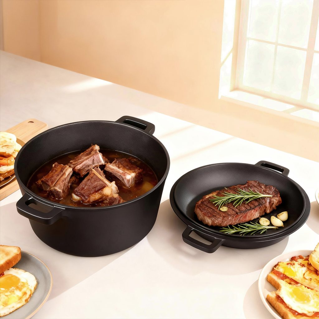TOQUE 5.84L Double Dutch Oven Cast Iron Pot 2-in-1 | Pre-Seasoned Casserole & Skillet for Gas, Induction & Camping