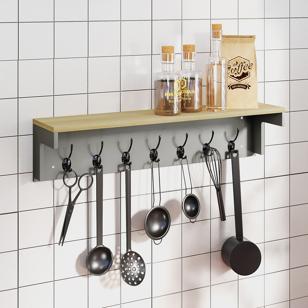 LEVEDE Wall Mounted Coat Rack Shelf with 7 Double Hooks | Entryway Hallway Storage Organiser Grey & Oak - Image 6