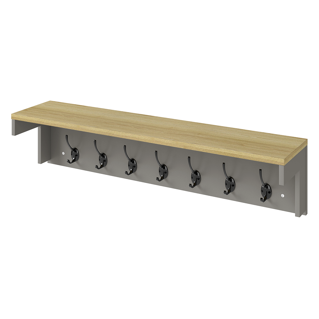 LEVEDE Wall Mounted Coat Rack Shelf with 7 Double Hooks | Entryway Hallway Storage Organiser Grey & Oak - Image 7