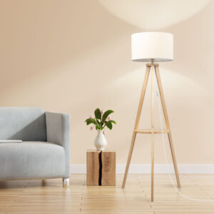 EMITTO Wooden Tripod Floor Lamp with Shelf E27 Standing Reading Lamp Natural