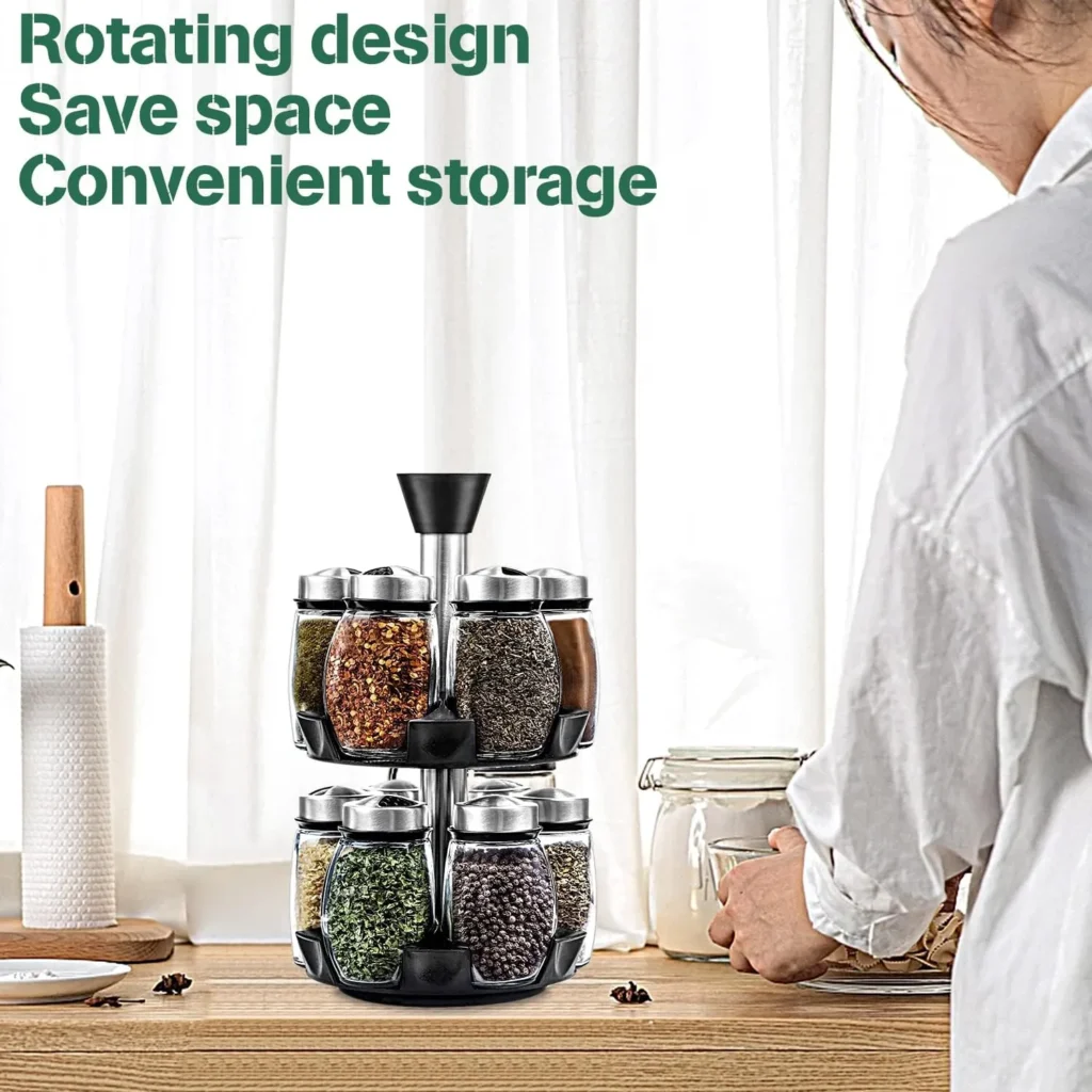 CARLA HOME Rotating Spice Rack Organiser with 16 Glass Jars Stainless Steel 360° Kitchen Herb & Seasoning Storage