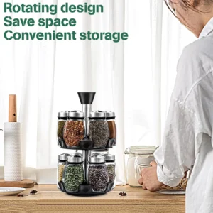 CARLA HOME Rotating Spice Rack Organiser with 16 Glass Jars Stainless Steel 360° Kitchen Herb & Seasoning Storage