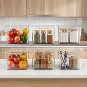 TOQUE 6 Piece Clear Plastic Storage Bins with Handles Pantry Fridge Organiser Boxes PET Kitchen Storage Containers