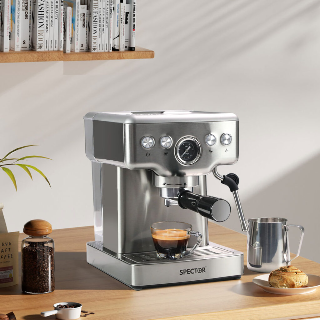 SPECTOR 20 Bar Espresso Coffee Machine with Milk Frother, 1350W Coffee Maker, Pre-Infusion, Single & Double Shot, 350ml Milk Jug, Silver