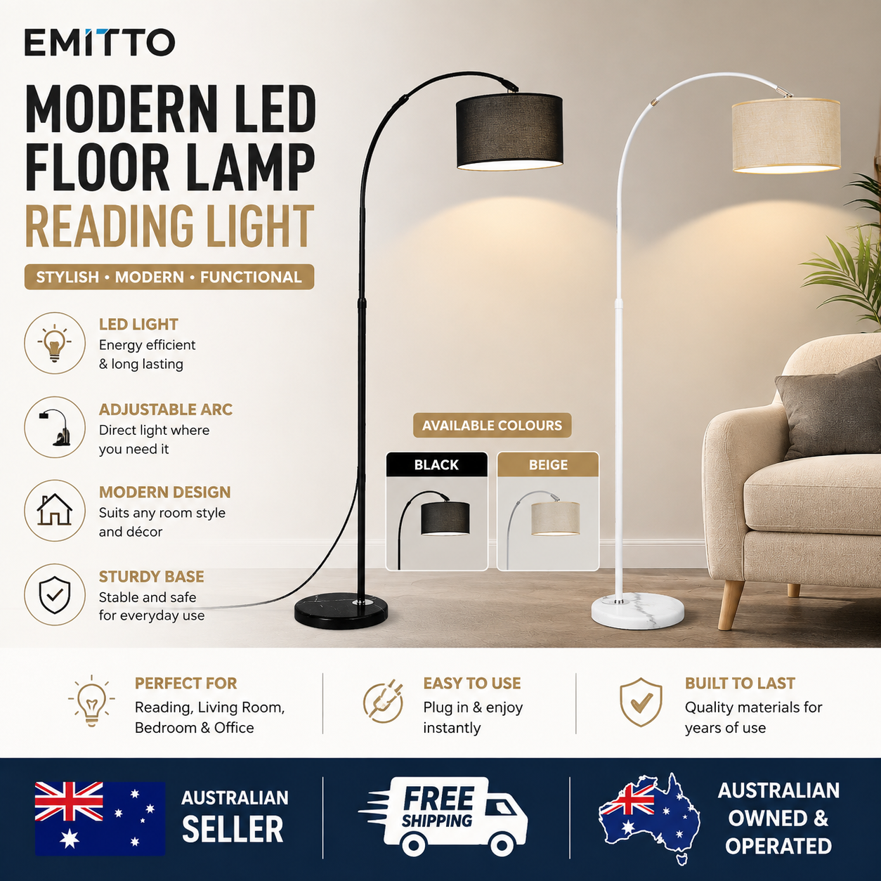 EMITTO Modern LED Floor Lamp Adjustable Reading Lamp with Marble Base Black or Beige
