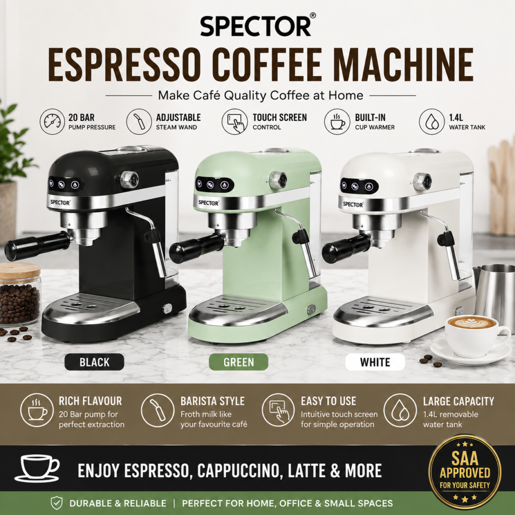 SPECTOR 20 Bar Espresso Coffee Machine with Milk Frother 1.4L Touch Screen Black Green White