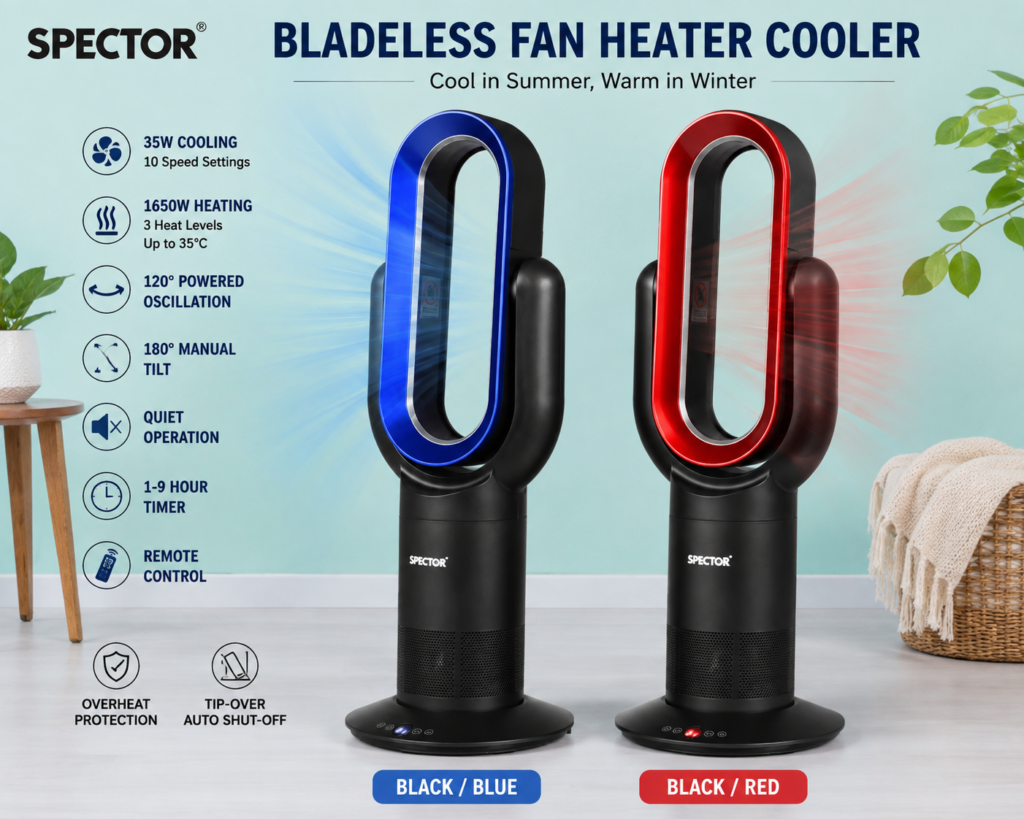 SPECTOR Bladeless Fan Heater Cooler with Remote Control 35W/1650W Oscillating Tower Fan Black Blue or Black Red