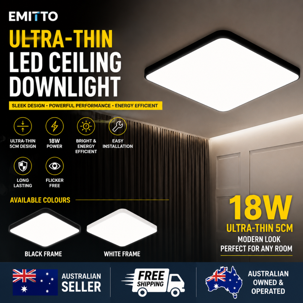 EMITTO 18W Ultra Thin LED Ceiling Light 30cm Square Flush Mount Panel Lamp Black or White Frame Cool White