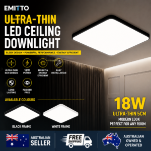EMITTO 18W Ultra Thin LED Ceiling Light 30cm Square Flush Mount Panel Lamp Black or White Frame Cool White