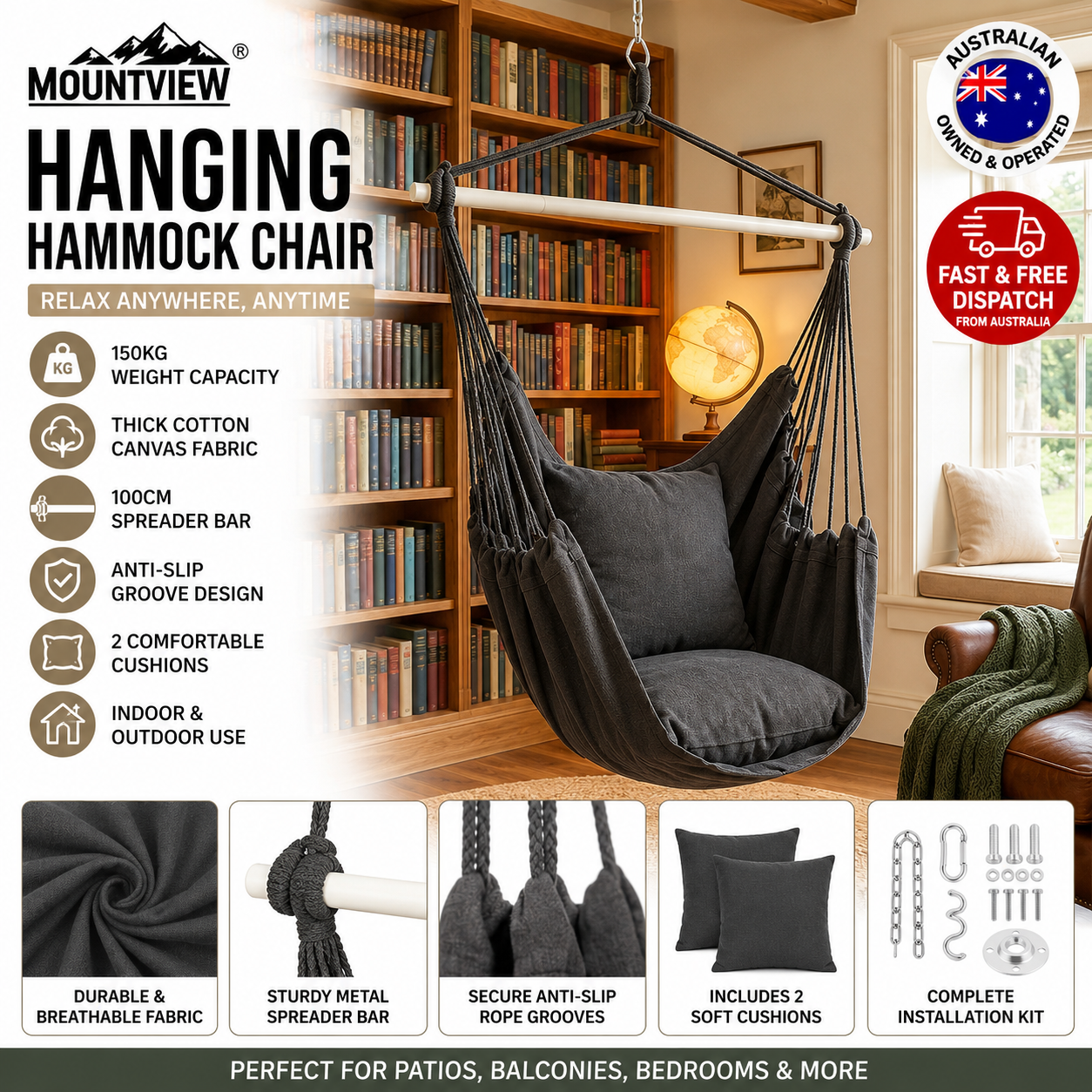Mountview Hanging Hammock Chair Swing Seat with 2 Cushions Indoor Outdoor Garden Patio Camping 150kg Grey