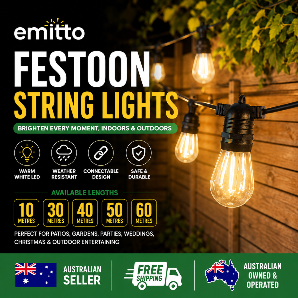EMITTO LED Festoon String Lights Outdoor Waterproof Warm White Patio Garden Party Wedding Lights 10m 30m 40m 50m 60m