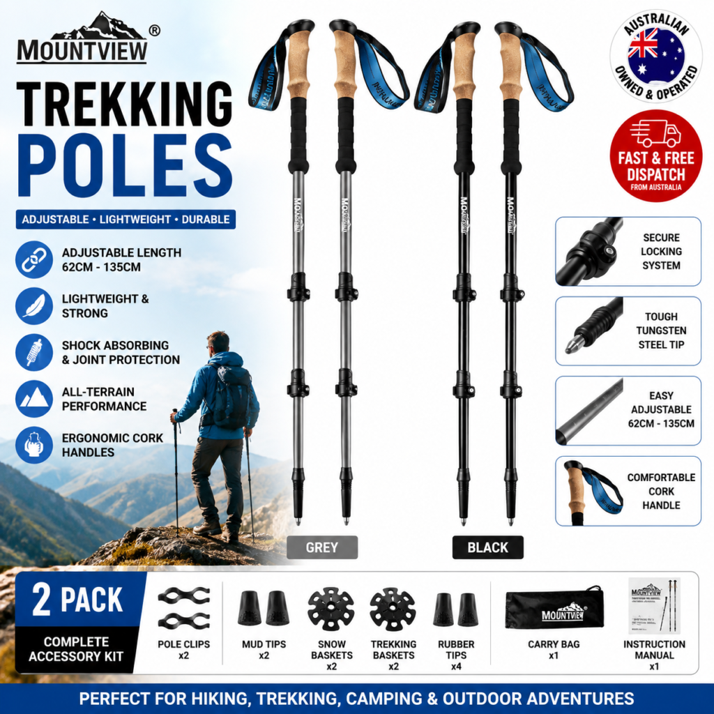 Mountview Adjustable Trekking Poles 2 Pack Lightweight Hiking Walking Sticks Aluminium Grey Black