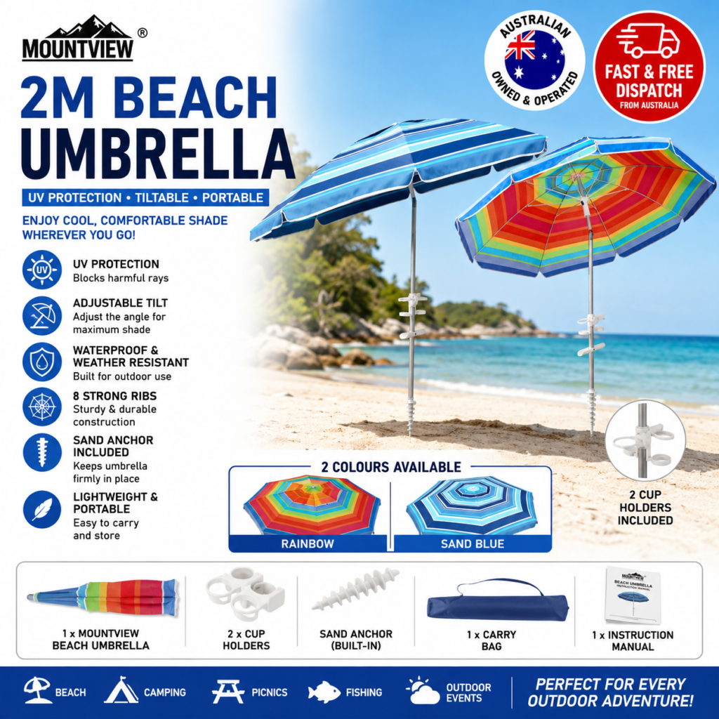 Mountview 2m Beach Umbrella UV Protection Outdoor Patio Shade Sun Umbrella with Sand Anchor Carry Bag Blue Rainbow