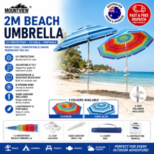 Mountview 2m Beach Umbrella UV Protection Outdoor Patio Shade Sun Umbrella with Sand Anchor Carry Bag Blue Rainbow