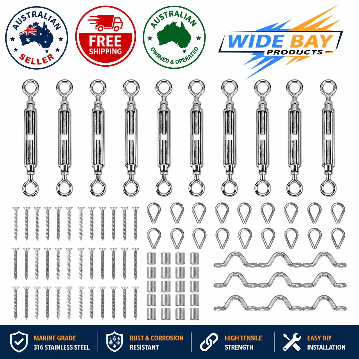 Traderight Stainless Steel 316 Balustrade Wire Rope DIY Kit for 3.2mm Cable – Turnbuckles, Thimbles, Ferrules & Saddles – 110 Piece