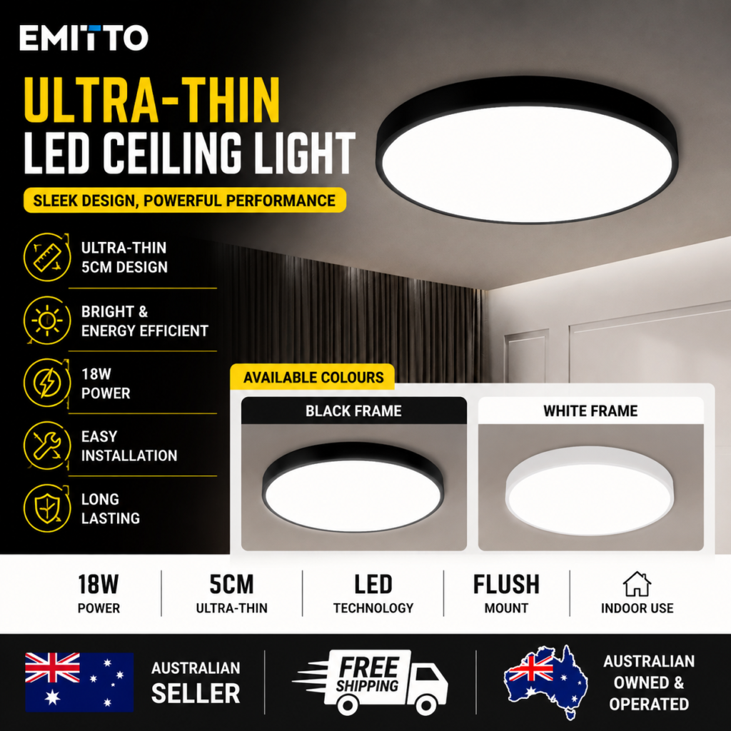 EMITTO 18W Ultra Thin Round LED Ceiling Light Flush Mount Panel Lamp Black or White Frame Cool White 30cm