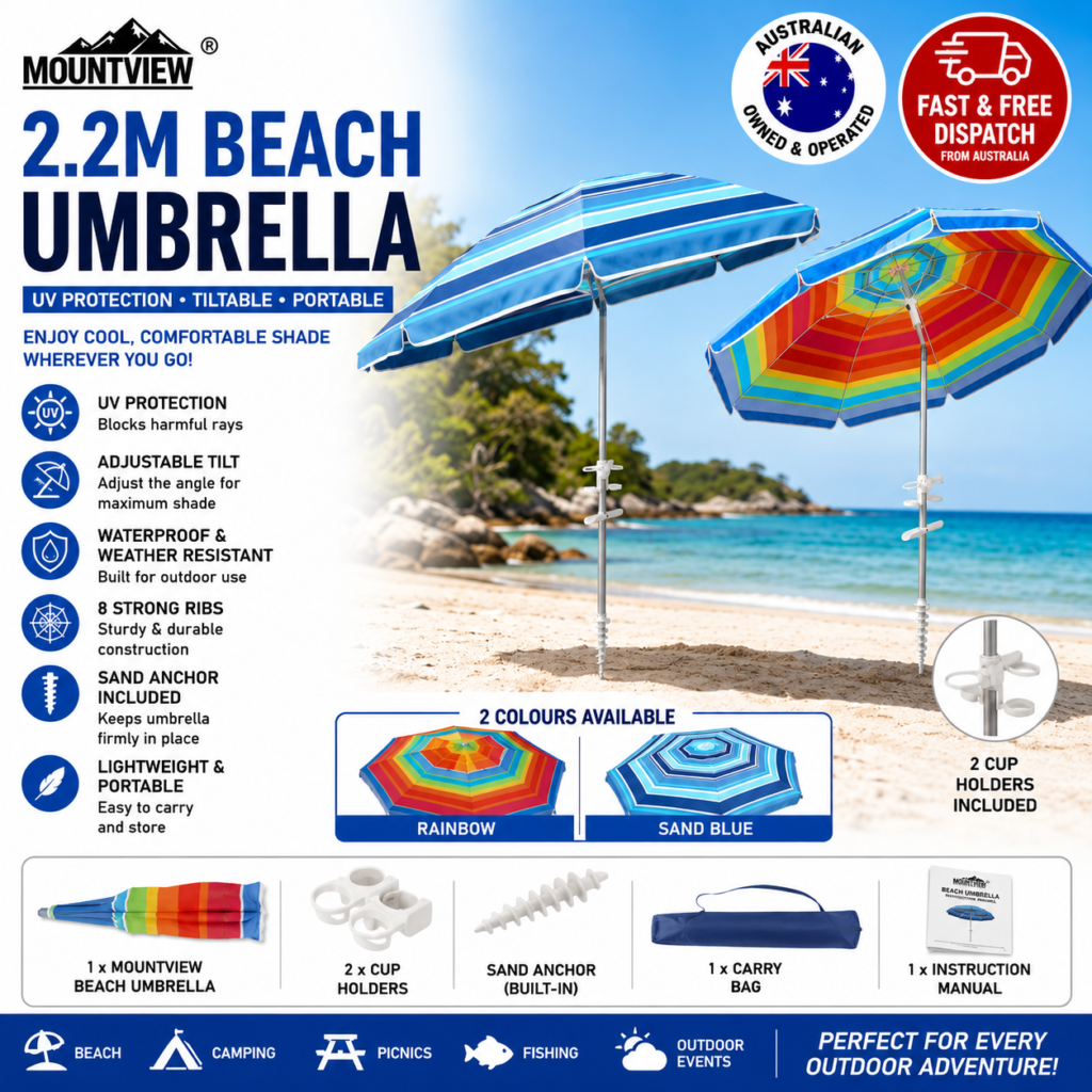Mountview 2.2m Beach Umbrella UV Protection Outdoor Patio Shade Sun Umbrella with Sand Anchor Carry Bag Blue Rainbow