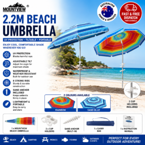 Mountview 2.2m Beach Umbrella UV Protection Outdoor Patio Shade Sun Umbrella with Sand Anchor Carry Bag Blue Rainbow