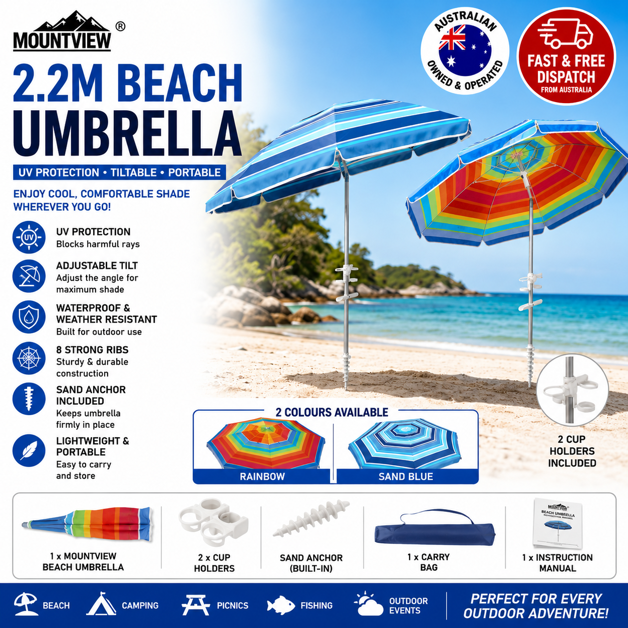 Mountview 2.2m Beach Umbrella UV Protection Outdoor Patio Shade Sun Umbrella with Sand Anchor Carry Bag Blue Rainbow