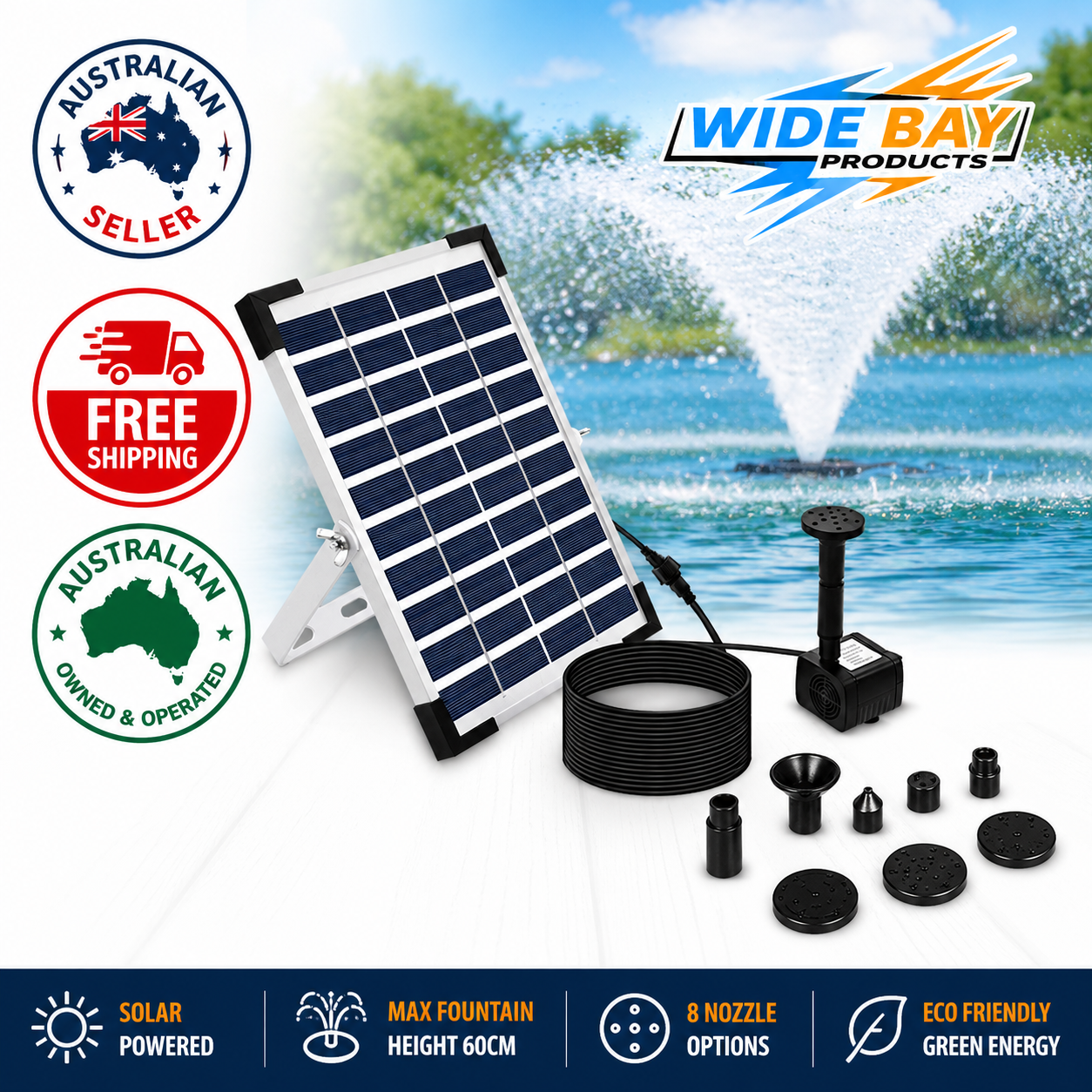 5W Solar Powered Water Fountain Pump with 8 Nozzles for Bird Bath Pond Garden Outdoor Water Feature