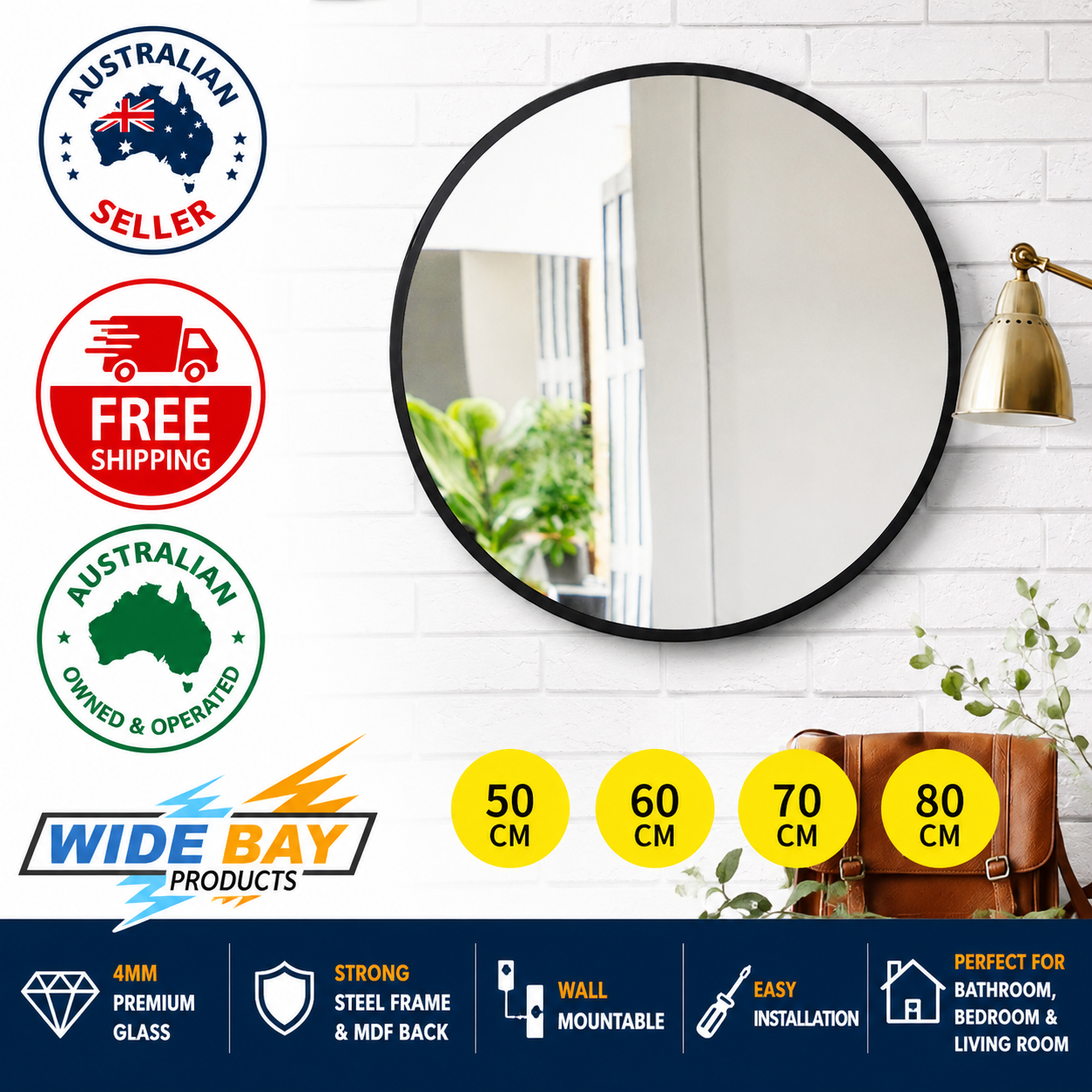 Round Wall Mirror Black Frame Bathroom Vanity Makeup Living Room Wall Mirror 50cm 60cm 70cm 80cm